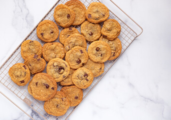 Overhead view of freshly baked homemade chocolate chip cookies on a cooling rack with copy space