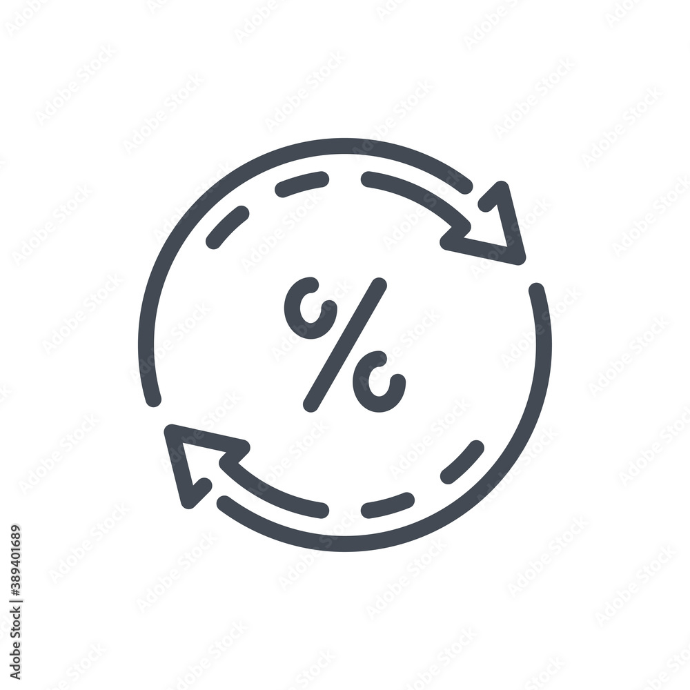 Poster rebate and discount line icon. percentage with rotating arrows vector outline sign.