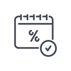 Tax payment period and Payment schedule line icon. Calendar with percentage and check mark vector outline sign.