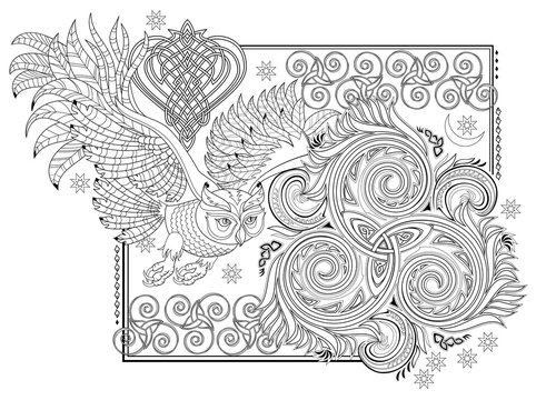 Black and white page for kids coloring book. Fantasy illustration of ancient Celtic ornament with trickle symbol and flying owl. Worksheet for drawing and meditation for children and adults.