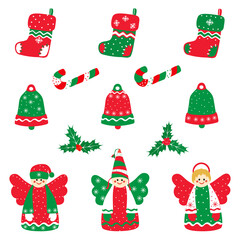   Christmas and New Year symbols and items in traditional colors. Set of icons vector hand drawings in cartoon style isolated on white background.