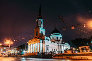 Naklejka premium Orthodox Alexander Nevsky Cathedral. The Republic of Udmurtia, Izhevsk. Night cityscape. 