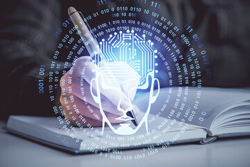 Multi exposure of woman's writing hand on background with brain hologram. Concept of brainstorming.