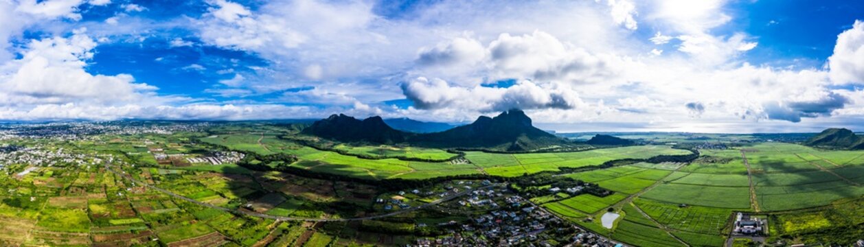 Aerial view of the Mont du Rempart mountain, corps de grande,.Mont saint Pierre region Black River, behind the places Vacoas-Phoenix and Quatre Bornes, Mauritius, Africa