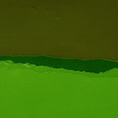 Green torn paper collage close-up. Texture made from various paper and cardboard parts. Damaged old...