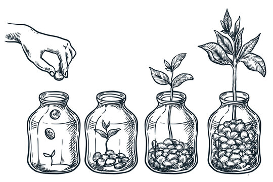 Investment, Saving Money, Finance Growth Business Concept. Hand Putting Coin In Glass Jar. Vector Sketch Illustration