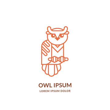Smart owl line art logo emblem design template. Vector bird linear icon. Wisdom, mascot, education brand label concept