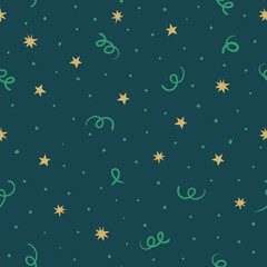 Fototapeta na wymiar Seamless green pattern with gold confettis, stars and dots. Vector background.