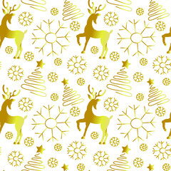 Glitter seamless pattern with golden deer and stars, christmas tree, fir, snowflakes for fabrics, paper, textile, gift wrap isolated on white background