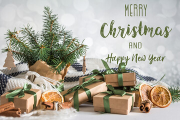 Christmas zero waste, environmentally friendly gift wrapping craft paper fir branches, gift basket, cozy winter winter evening Christmas Eve, ecological concept of eco-friendly banner decor xmas