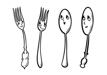 Cartoon illustration fork and spoon, linear drawing 