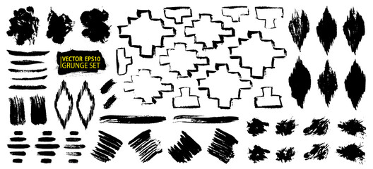 Grunge design elements set. Grunge shapes collection for patterns or backdrops. Grungy splatter. Paint stains. Quirky scribbles. Grungy ink spots and drops.