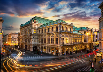 Vienna State Opera. Veinna, Austria. Evening view. The historic opera house is a symbol and...