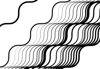 Wavy, waving and undulating, billowy diagonal, skew, tilt and oblique lines, stripes abstract black and white, monochrome design element, background, pattern and texture