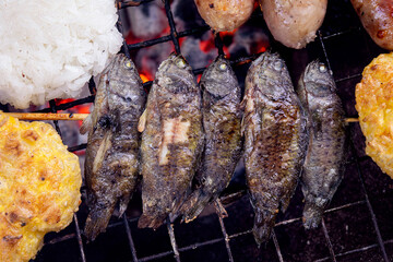 Up close grilled fish on the grill, a delicious breakfast of rural Thailand.