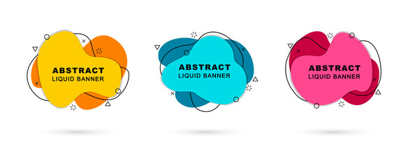 Set of abstract liquid banners. Modern geometric shapes in graphic gradient. Dynamical elements in memphis style. Template blank banners for flyer, logo, presentation and background.