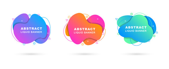 Set of abstract liquid banners. Modern geometric shapes in graphic gradient. Dynamical elements in memphis style. Template blank banners for flyer, logo, presentation and background.