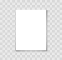 Realistic white blank paper with shadow. Paper page A4 format. Mockup of paper sheet on transparent background. Vector