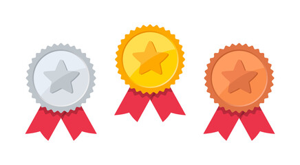 Set of medals with star. Gold, silver and bronze medal with red ribbon. Champion award. Vector