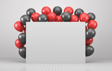 Illustrations for advertising. Black Friday. Red and black balloons in a white interior around a white board. 3d render illustration.