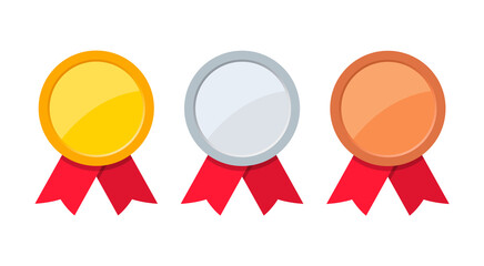 Medals set. Gold, silver and bronze medal with red ribbon. Champion award. Vector