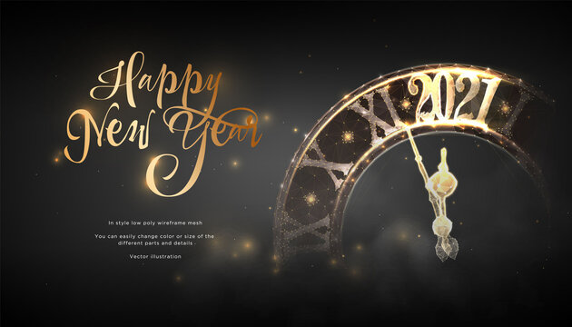 Happy New Year 2021. lock in style Low poly wireframe art on black background. Concept for holiday or magic or miracle. Effect Starry sky. Polygonal illustration with connected dots and lines. Vector