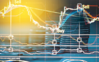 Double exposure of money coin, stock market or forex trading graph and candlestick chart suitable for financial investment concept. 