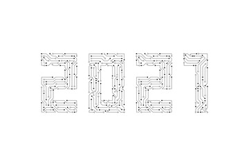 Vector digital circuit message number two zero two one for technology object pattern on white background, Circuit Number digital new year 2021 concept.