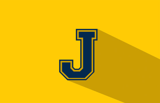 J alphabet letter logo icon in yellow blue. Simple and creative design for business and company  with long shadow
