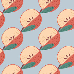 Pink pastel colored apples ornament seamless pattern. Blue background. Cartoon food backdrop.