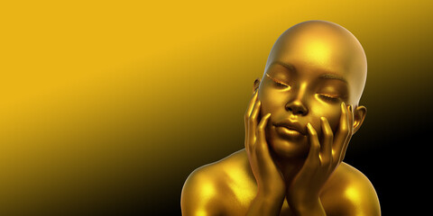3d model portrait of a bald golden woman on a yellow background