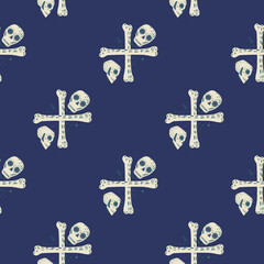 Contrast seamless pattern with simple pirate skulls and bones silhouettes. Horror print with navy blue background.