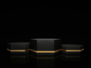 Winner podium mock up scene; hexagon shape stage for branding and presentation isolated on black background; dark hex stone pedestal with golden strip for exhibition; 3d rendering, 3d illustration