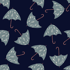 Random seamless doodle pattern with grey umbrella folk ornament. Navy blue dark ornament.