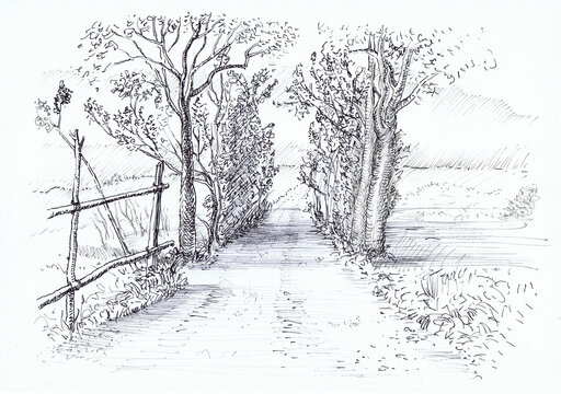 Hand drawing of a fictional dirt road