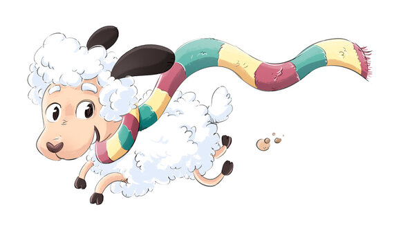 Sheep jumping with wool scarf