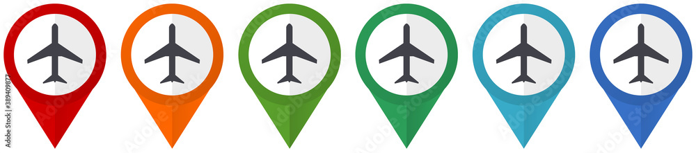 Aufkleber plane, flight, airplane vector pointers, set of colorful flat design icons isolated on white backgro