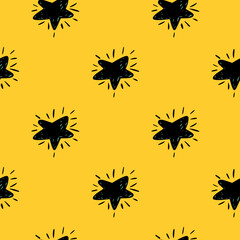 Black cartoon simple stars seamless pattern. Doodle decorative print on yellow bright background.