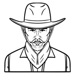 cowboy avatar with vest, scarf and cowboy hat. upper body, comic. monochrome comic outline illustration