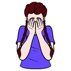 school girl is scared and hides her face behind her hands.
