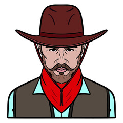 cowboy avatar with vest, scarf and cowboy hat. upper body, comic.