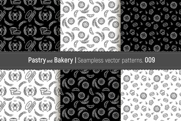 Vector set of design templates for packaging bakery and confectionery products in a fashionable linear style. Seamless patterns with linear icons: waffles, cupcakes, cakes. Backgrounds with spikelets.