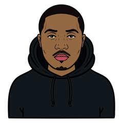 african american with black hoodie. comic, avatar, beard, cool.