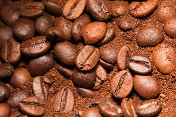 Coffee beans and coffee powder (ground coffee) brown background.