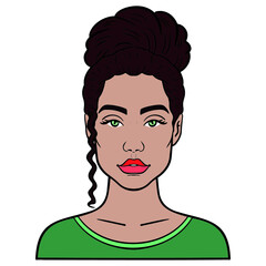 Avatar, woman with brown hair and streak on her face green top. curls, avatar, comic, torso.