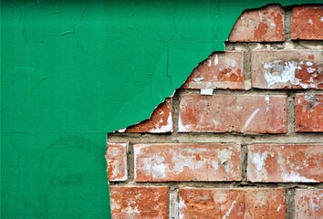 old red and green textured brick wall with green moss background theme