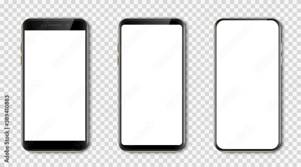 Poster set high quality realistic trendy different black models smartphone with white empty touch screen, e