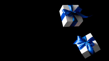 Black Friday. White gift box with blue ribbon isolated on black background in Black Friday concept. Winter flying composition with copy space.