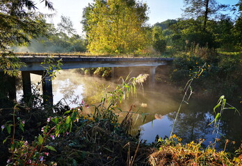 river in autumn, sunshine in the morning