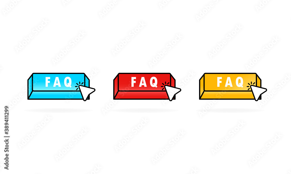 Poster faq button icon set with cursor. pointer. internet icon. vector flat cartoon illustration for web si